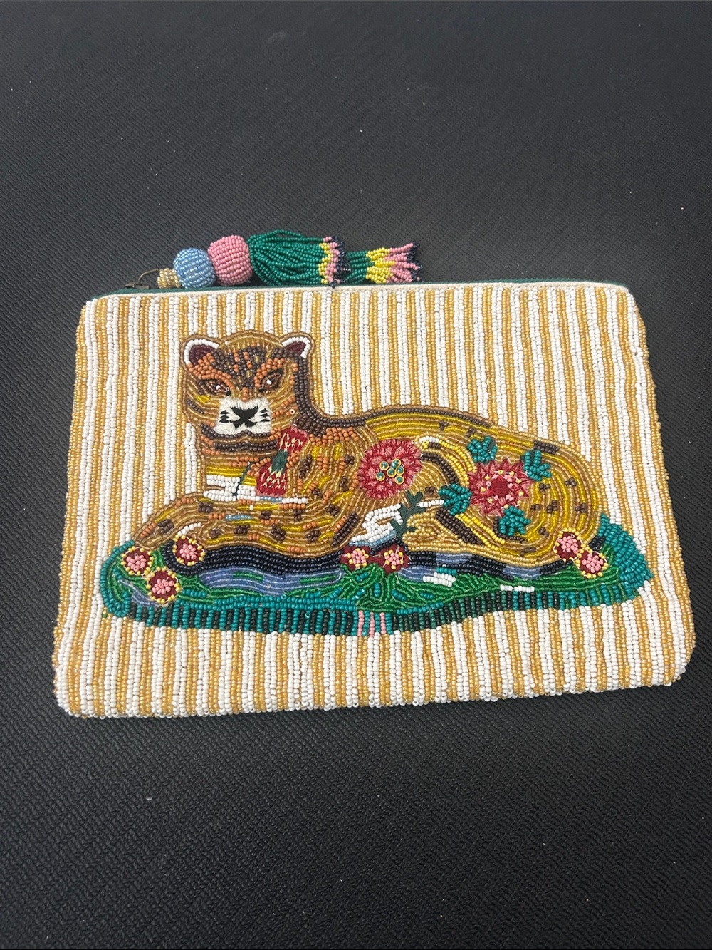 Anthropologie Beaded Cat Clutch - Mustard Stripe with Multicolor Embroidery